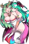  2girls absurdres bare_shoulders blush breasts demon_girl demon_wings enpe frown grabbing grabbing_another&#039;s_breast green_eyes green_hair highres jewelry kid_icarus large_breasts long_hair looking_at_another morrigan_aensland multiple_girls necklace open_mouth palutena pantyhose pink_nails purple_pantyhose sexual_harassment simple_background super_smash_bros. thighhighs vampire_(game) white_background white_thighhighs wings yuri 