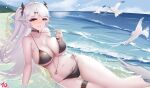  1girl absurdres anchor_symbol antenna_hair azur_lane beach bikini bird black_bikini black_choker black_ribbon breasts brown_eyes choker cleavage cloud grey_hair hair_between_eyes hair_ribbon highres large_breasts long_hair mole mole_on_breast nanoda002_(saber427) navel ocean prinz_eugen_(azur_lane) prinz_eugen_(unfading_smile)_(azur_lane) pubic_tattoo ribbon seagull shore side-tie_bikini_bottom sky solo swimsuit tattoo thigh_strap water wet 