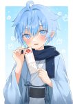  1boy blue_eyes blue_hair blue_kimono blue_scarf chongyun_(genshin_impact) genshin_impact hair_between_eyes highres japanese_clothes kimono long_sleeves male_focus miuna_gnip open_mouth scarf short_hair smile solo tanabata yukata 