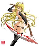  ass bikini black_legwear blonde_hair blood breasts bridal_gauntlets covered_nipples from_behind hime_(kaibutsu_oujo) kaibutsu_oujo large_breasts long_hair looking_back micro_bikini red_eyes scythe side-tie_bikini smile solo sonobe_kazuaki swimsuit thighhighs thong_bikini tiara very_long_hair 