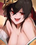  1girl azur_lane bare_shoulders black_hair breasts cleavage commentary_request hair_between_eyes hair_ribbon highres huge_breasts long_hair mask mask_on_head open_mouth red_eyes red_ribbon ribbon solo taihou_(azur_lane) teeth upper_body yohia 