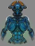  alien armor blue_armor bodysuit breasts dark_nipples grey_background medium_breasts neurodyne nipples orange_eyes orange_light original power_armor science_fiction spacesuit stomach 