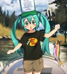  ! !! 1girl animal baseball_cap bass_pro_shops blue_hair blush blush_stickers boat cargo_shorts commentary cowboy_shot day english_commentary fish fishing fishing_line green_eyes hat hatsune_miku highres holding holding_animal holding_fish lake long_hair looking_at_viewer meme onlinepetclub open_mouth outdoors rainbow_trout shirt short_sleeves shorts sky solo t-shirt tall_hat trout twintails very_long_hair vocaloid water watercraft women_want_me_fish_fear_me_(meme) 