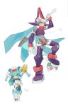  1girl 2boys absurdres blue_hair crop_top crotch_plate energy_blade green_hair helmet highres long_hair mayutsuba_mono mega_man_(series) mega_man_zx multiple_boys pandora_(mega_man) prometheus_(mega_man) red_eyes scythe staff 