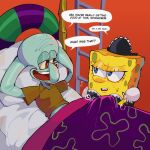 1:1 bed blue_eyes brown_clothing brown_shirt brown_topwear clothing diforland duo eye_contact furniture humanoid looking_at_another maid_uniform marine motion_lines nickelodeon on_bed open_mouth pillow red_eyes red_tongue sea_sponge shirt spongebob_squarepants spongebob_squarepants_(character) squidward_tentacles teeth tongue topwear uniform yellow_body