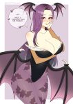  1girl absurdres alternate_costume animal_print arm_under_breasts bare_shoulders bat_print bat_wings black_leotard blush breasts brown_eyes cleavage commission cosplay cryptid_crab demon_girl english_text fire_emblem fire_emblem_echoes:_shadows_of_valentia fur-trimmed_leotard fur_trim hand_on_own_face head_wings heart highres large_breasts leotard lips long_hair looking_at_viewer low_wings morrigan_aensland morrigan_aensland_(cosplay) off-shoulder_leotard pantyhose print_pantyhose purple_hair purple_nails purple_pantyhose purple_wings simple_background smile solo sonya_(fire_emblem) speech_bubble twitter_username vampire_(game) wings 