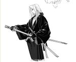  1boy alternate_costume black_gloves black_kimono black_ribbon chinese_commentary commentary_request cropped_legs cuntouxiaoyeju expressionless final_fantasy final_fantasy_vii from_side gloves greyscale hair_ribbon holding holding_sword holding_weapon japanese_clothes katana kimono long_hair looking_down low_ponytail male_focus monochrome pectoral_cleavage pectorals ribbon sash scabbard sephiroth sheath solo sword upper_body weapon weibo_username 