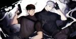  2boys atan_003 belt black_coat brown_hair closed_eyes coat dated gun halftone happy_aura highres holding holding_gun holding_weapon ilay_riegrow jacket jeong_taeui leaning_on_person male_focus multiple_boys musical_note night open_clothes open_jacket passion_(manhwa) pectorals puff_of_air shirt short_hair side-by-side smile spoken_musical_note teeth thick_neck v-taper weapon white_hair white_shirt yaoi 