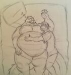 anthro arms_around_partner bed bedroom belly belly_hug big_belly clothing cody_(swatthefox) crocodile crocodilian crocodylid cuddling dragon duo embrace eon54 furniture hi_res hug jagged_(eon54) lying lying_on_bed male male/male on_bed overweight overweight_anthro overweight_male raised_arm reptile scales scalie size_difference sleeping smaller_male smile snoring soft_belly tail