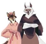 anthro big_bad_wolf_(shrek) bottomwear brown_body brown_fur canid canine canis clothing crossed_arms death_(puss_in_boots) dreamworks duo facial_markings fur gown hand_on_hip hat head_markings headgear headwear looking_at_another male mammal markings mask_(marking) nightgown pants poncho puss_in_boots_(dreamworks) red_eyes sanppa_popo simple_background standing white_background white_body white_fur wolf