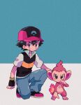  1boy ash_ketchum baseball_cap black_gloves black_hair black_jacket blue_background blue_pants brown_eyes chimchar clenched_hand fingerless_gloves flame-tipped_tail full_body gloves grey_eyes hand_on_own_cheek hand_on_own_face hat highres jacket kneeling male_focus mgomurainu monkey multicolored_clothes multicolored_footwear multicolored_headwear pants pokemon pokemon_(anime) pokemon_(creature) pokemon_dppt_(anime) serious shoes short_hair short_sleeves simple_background 