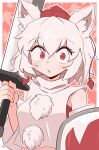  1girl animal_ears bare_shoulders blush breasts detached_sleeves grey_hair hat highres inubashiri_momiji kurachi_mizuki looking_at_viewer medium_breasts midriff open_mouth pom_pom_(clothes) red_eyes shield shirt short_hair solo sword tail tokin_hat touhou weapon white_hair wolf_ears wolf_girl wolf_tail 