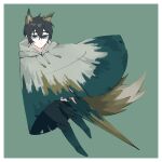  1boy animal_ears black_eyes black_hair border cloak e.g.o_(project_moon) fox_ears fox_tail green_background highres holding holding_umbrella hood hood_down hooded_cloak limbus_company looking_at_viewer male_focus no_710 project_moon simple_background solo tail umbrella white_border white_cloak yi_sang_(project_moon) 
