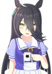  1girl 2-butani absurdres ahoge animal_ears black_hair bow breasts chestnut_mouth coffee_mug commentary_request cup earrings food hair_between_eyes highres holding holding_cup holding_food horse_ears horse_girl horse_tail jewelry looking_at_viewer manhattan_cafe_(umamusume) mug multicolored_hair open_mouth pleated_skirt puffy_short_sleeves puffy_sleeves purple_bow purple_shirt school_uniform shirt short_sleeves simple_background single_earring skirt small_breasts solo streaked_hair summer_uniform tail tracen_school_uniform umamusume upper_body white_background white_hair white_skirt yellow_eyes 
