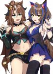  2girls animal_ears bare_shoulders black_thighhighs blue_hair breasts brown_hair choker cleavage commentary_request cowboy_shot crop_top daitaku_helios_(devil_in_the_moonlight)_(umamusume) daitaku_helios_(umamusume) demon_horns demon_wings ear_covers halloween halloween_costume highres horns horse_ears horse_girl long_hair looking_at_viewer medium_breasts mejiro_palmer_(devil_in_the_moonlight)_(umamusume) mejiro_palmer_(umamusume) midriff multicolored_hair multiple_girls official_alternate_costume smile streaked_hair thighhighs uki_kumo umamusume white_hair wings 