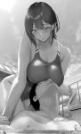  1boy 1girl absurdres bare_arms bare_shoulders blush breasts chain-link_fence cleavage collarbone commentary_request fence gentsuki greyscale highleg highleg_swimsuit highres large_breasts monochrome one-piece_swimsuit original outdoors parted_lips pool smile swimsuit water 