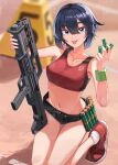  1girl :p absurdres bare_shoulders between_fingers black_buruma black_hair blue_eyes blurry blurry_background breasts buruma closed_mouth collarbone commentary day depth_of_field dreadtie gun hair_between_eyes highres holding holding_gun holding_weapon indoors kneeling looking_at_viewer medium_breasts navel original outdoors qr_code red_footwear sample_watermark shoes shotgun_shell smile socks solo thick_eyebrows tongue tongue_out watermark weapon white_socks 