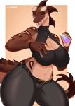 absurd_res anthro belt beverage big_breasts bottomwear breasts brown_body brown_scales claws cleavage cleavage_cutout clothed clothing eyewear eyewear_on_head female front_view glass glasses glasses_on_head hi_res licking licking_lips litchie_d midriff narrowed_eyes navel pants reptile scales scalie sharp_teeth solo spiked_tail spikes spikes_(anatomy) tail teeth thick_thighs tongue tongue_out