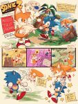 anthro blue_body canid canine clothing cloud comic day detailed_background dipstick_tail duo english_text eulipotyphlan flower flying footwear fox fur gloves grass handwear hedgehog hi_res male mammal markings miles_prower oama_000 palm_tree plant sega shoes signature sonic_the_hedgehog sonic_the_hedgehog_(series) tail tail_markings text text_box thought_bubble tree white_body white_fur yellow_body yellow_fur
