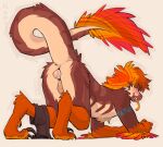 absurd_res all_fours anthro backsack balls big_tail black_sclera blue_eyes boxers_(clothing) brown_body brown_fur butt claws clothing dinosaur dromaeosaurid egg egg_in_ass egg_insertion feathered_arms feathered_tail feathers fur genitals gold_(metal) gold_tooth hair hi_res kapri lancer_(blitzybits) looking_away male multicolored_body multicolored_egg multicolored_eyes multicolored_feathers multicolored_fur orange_body orange_fur orange_hair oviposition pink_eyes presenting presenting_hindquarters red_body red_fur reptile scalie smug smug_face solo striped_body stripes tail teeth theropod toe_claws underwear velociraptor white_body white_fur yellow_body yellow_eyes yellow_fur