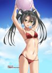  1girl artist_name ball beachball bikini blue_sky breasts cleavage cloud collarbone commentary_request cowboy_shot dark_green_hair dated head_tilt highres kagutsuchi_(victoragna) kantai_collection long_hair looking_at_viewer red_bikini sky small_breasts smile solo standing swimsuit twintails yellow_eyes zuikaku_(kantai_collection) 