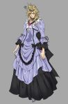  1boy alternate_costume blonde_hair blush cloud_strife concept_art crossdressing dress embarrassed final_fantasy final_fantasy_vii final_fantasy_vii_remake frilled_dress frilled_sleeves frills full_body grey_background looking_at_viewer official_art roberto_ferrari simple_background solo spiked_hair squiggle tiara 