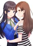  2girls absurdres arjent bangs black_hair blue_eyes blue_shirt blush brown_eyes brown_hair closed_mouth hair_intakes hands_on_another&#039;s_shoulders hands_on_hips highres idolmaster idolmaster_million_live! kitazawa_shiho long_hair mogami_shizuka multiple_girls open_mouth profile shirt simple_background standing striped striped_shirt upper_body white_background 