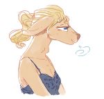  2019 anthro basha_(uzon) blonde_hair blue_eyes breasts breath cervid cleavage clothed clothing female hair hi_res mammal neck_tuft ponytail shirt simple_background solo tank_top topwear tuft white_background 