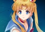  1girl bishoujo_senshi_sailor_moon blonde_hair blue_eyes blue_sailor_collar breasts choker cleavage collarbone commentary_request crescent crescent_earrings derivative_work diadem double_bun earrings heart heart_choker highres jewelry long_hair nishitaka red_choker sailor_collar sailor_moon sailor_moon_redraw_challenge sailor_senshi sailor_senshi_uniform screencap_redraw solo sweatdrop tsukino_usagi twintails upper_body 