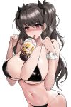  1girl bare_arms bare_shoulders bikini black_bikini black_hair black_ribbon blush breasts bubble_tea bubble_tea_challenge cleavage cup disposable_cup drinking_straw earrings fate/grand_order fate_(series) hair_ribbon hands_up highres hoop_earrings ishtar_(fate)_(all) ishtar_(fate/grand_order) jewelry large_breasts long_hair navel nose_blush red_eyes ribbon simple_background solo stomach strap_gap string_bikini suou-sensei swimsuit two_side_up upper_body wavy_hair white_background wrist_cuffs 