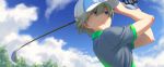  1girl alice_gear_aegis blue_eyes closed_mouth cloud commentary_request eyebrows_behind_hair gloves golf_club hat holding nikaido_tsukasa pinakes silver_hair single_glove sky smile swinging 