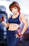  1girl artist_name bangs bare_arms bare_shoulders blue_pants blurry blurry_background breasts brown_eyes brown_hair cleavage commentary_request crop_top easonx final_fantasy final_fantasy_vii final_fantasy_vii_remake fingerless_gloves gloves headband jessie_rasberry large_breasts long_hair looking_at_viewer midriff pants parted_bangs ponytail red_headband smile solo sportswear 