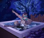  absurd_res anthro bottomwear breasts canid canine canis cervid clothed clothing domestic_dog duo female fence gesture green_hair hair hi_res hot_tub looking_up male male/female mammal night night_sky pointing shorts topless uzon water 