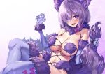  1girl :d animal_ears bare_shoulders breasts claws cleavage dangerous_beast fang fate/grand_order fate_(series) fur_bracelet fur_collar fur_trim hand_up heirou holding_tail large_breasts looking_at_viewer mash_kyrielight navel open_mouth purple_eyes purple_hair purple_legwear revealing_clothes short_hair simple_background smile solo stomach tail thighhighs white_background wolf_ears wolf_girl wolf_tail 