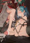  2girls absurdres after_fellatio bar_censor barefoot bdsm black_footwear blank_eyes blue_eyes blue_hair bondage boots bound bow censored crying crying_with_eyes_open cum cum_in_mouth cum_on_body cum_string dress facial footjob frilled_bow frilled_dress frilled_ribbon frills from_below front_ponytail futa_with_futa futanari green_hair hair_bow hair_ribbon highres holding_another's_hair indoors kagiyama_hina kawashiro_nitori lace-trimmed_panties lace_trim lifting_own_clothes multiple_girls nipples panties panties_around_one_leg penis puffy_short_sleeves puffy_sleeves red_dress restrained ribbon short_sleeves single_boot tears testicles touhou underwear yazato_ichimushi 