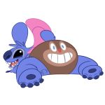  1:1 alien animate_inanimate blue_claws blue_eyes blue_nose blue_pawpads claws diaper diaper_creature diaper_transformation disney experiment_(lilo_and_stitch) hi_res lilo_and_stitch lying male open_mouth pawpads pink_inner_ear red_nose sharp_teeth simple_background smile stitch_(lilo_and_stitch) teeth trevor-fox trevor-fox_(character) white_background 