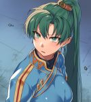  1girl blue_background derivative_work fire_emblem fire_emblem:_the_blazing_blade from_above green_eyes green_hair looking_ahead lyn_(fire_emblem) meme open_mouth sailor_moon_redraw_challenge screencap_redraw shinon_(tokage_shuryou) solo tied_hair v-shaped_eyebrows 