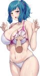  1girl :d absurdres blue_eyes blue_hair blush breasts cleavage collarbone commentary_request cowboy_shot curvy grabbing_another&#039;s_breast groping gundam gundam_build_fighters highres huge_breasts iori_rinko looking_at_viewer mirufui navel open_mouth ponytail pov pov_hands short_hair simple_background smile solo_focus sweat white_background 