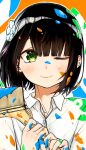  1girl bangs black_hair blue_flower bob_cut bodypaint buttons collarbone collared_shirt flower green_eyes hair_extensions hair_flower hair_ornament highres holding_brush imouto_no_tomodachi_ga_nani_kangaeteru_no_ka_wakaranai one_eye_closed paint paint_on_body paint_on_clothes paint_on_face paint_splatter paintbrush painted_clothes rayrei1414 shiny shiny_hair shirt short_hair tsuyu-chan 