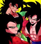 3boys abs anger_vein angry armor bare_chest berserker_rage black_hair broly broly_(dragon_ball_super) chest closed_mouth crossed_arms dragon_ball dragon_ball_gt dragon_ball_super dragon_ball_super_broly dragon_ball_z eyeshadow fur grin happy highres hk_chaaan long_hair looking_at_viewer makeup male_focus medium_hair monkey monkey_boy monkey_tail multiple_boys muscle open_mouth red_eyeshadow red_fur saiyan scar shirtless short_hair simple_background smile smirk son_gokuu spiked_hair super_saiyan super_saiyan_4 tail vegeta wristband yellow_background yellow_eyes 