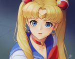  1girl bishoujo_senshi_sailor_moon blonde_hair blue_eyes blue_sailor_collar breasts choker circlet cleavage collarbone crescent crescent_earrings derivative_work double_bun earrings heart heart_choker highres jewelry long_hair looking_at_viewer parted_lips red_choker sailor_collar sailor_moon sailor_moon_redraw_challenge sailor_senshi sailor_senshi_uniform screencap_redraw solo sweatdrop tsukino_usagi twintails upper_body y.i._(lave2217) 