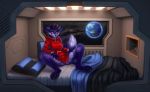  2020 anthro bedding blanket bottomless canid canine clothed clothing detailed_background earth facial_markings female fox fur head_markings hellstorm hoodie looking_at_viewer mammal markings milkwyvern pillow purple_body purple_fur sitting_on_bed smile solo space topwear window 