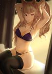  1girl angelina_(arknights) animal_ear_fluff arknights armpits arms_up bare_arms bare_shoulders black_legwear bra breasts brown_hair cleavage groin hair_tie_in_mouth large_breasts long_hair looking_at_viewer mouth_hold navel nevblindarts panties purple_bra purple_panties red_eyes sitting solo stomach string_bra string_panties thighhighs thighs twintails tying_hair underwear underwear_only 