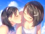 2girls a.x. absurdres after_kiss bangs bare_shoulders black_hair blue_sky blush breasts brown_hair camisole cleavage closed_eyes cloud cloudy_sky collarbone day eyebrows_visible_through_hair hair_ornament hairband hairclip highres medium_breasts medium_hair mole mole_under_eye multiple_girls original outdoors purple_hairband saliva saliva_trail shiny shiny_skin sky sweat swept_bangs tongue tongue_out white_camisole yuri 