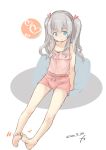  1girl barefoot blue_eyes casual dated fyuo highres kantai_collection kashima_(kantai_collection) long_hair looking_at_viewer pink_shirt pink_shorts shirt shorts sidelocks signature silver_hair simple_background sitting smile solo tank_top twintails wavy_hair white_background younger 