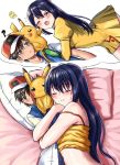  1boy 1girl ? agent_aika aika_(series) baseball_cap bed black_hair blue_hair blue_vest blush brown_eyes camisole closed_eyes commentary_request crossover dakimakura delmogeny_uniform dreaming dress eyebrows_visible_through_hair gen_1_pokemon golden_delmo half_updo hat hug juliet_sleeves l96_(chinhauming) long_hair long_sleeves no object_hug on_bed one_eye_closed ootani_ikue open_mouth pants petoriyacowa_rie pikachu pillow pink_ribbon pokemon pokemon_(creature) pokemon_swsh_(anime) puffy_sleeves red_headwear ribbon satoshi_(pokemon) seiyuu_connection shirt sleeping speech_bubble spiked_hair strap_slip stuffed_toy sweat uniform vest white_shirt yellow_camisole yellow_dress 