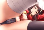  1girl ;o bandaged_leg bandages black_legwear black_panties blush brown_hair cameltoe dress dress_lift eyebrows_visible_through_hair highres kobamiso_(kobalt) kono_subarashii_sekai_ni_shukufuku_wo! long_sleeves looking_at_viewer lying megumin mismatched_legwear navel on_side one_eye_closed panties parted_lips red_dress red_eyes single_thighhigh solo thighhighs thighs underwear waking_up 