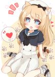  1girl :d animal_ears arm_support bangs beret black_bow black_neckwear black_shirt blonde_hair blue_eyes blue_sailor_collar blush bobby_socks bow cat_ears cat_girl cat_tail commentary_request dress eyebrows_visible_through_hair fang grey_footwear hat heart highres jervis_(kantai_collection) kantai_collection kemonomimi_mode long_hair neckerchief notice_lines open_mouth pleated_dress puffy_short_sleeves puffy_sleeves ridy_(ri_sui) sailor_collar shirt shoes short_sleeves sitting smile socks solo spoken_heart tail tail_bow very_long_hair wariza white_dress white_headwear white_legwear 