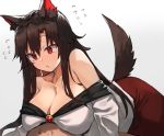 1girl animal_ears bangs bare_shoulders blush breasts brown_hair cleavage collarbone commentary_request eyebrows_visible_through_hair gradient gradient_background grey_background hair_between_eyes imaizumi_kagerou kasuka_(kusuki) large_breasts long_hair long_sleeves nose_blush off-shoulder_shirt off_shoulder red_eyes red_skirt shirt skirt solo tail touhou white_shirt wolf_ears wolf_tail 