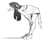  anthro bent_over black_and_white bodily_fluids canid canine canis clothing female footwear hair jessie_(uzon) mammal monochrome shoes simple_background sneakers solo sweat uzon white_background wolf 